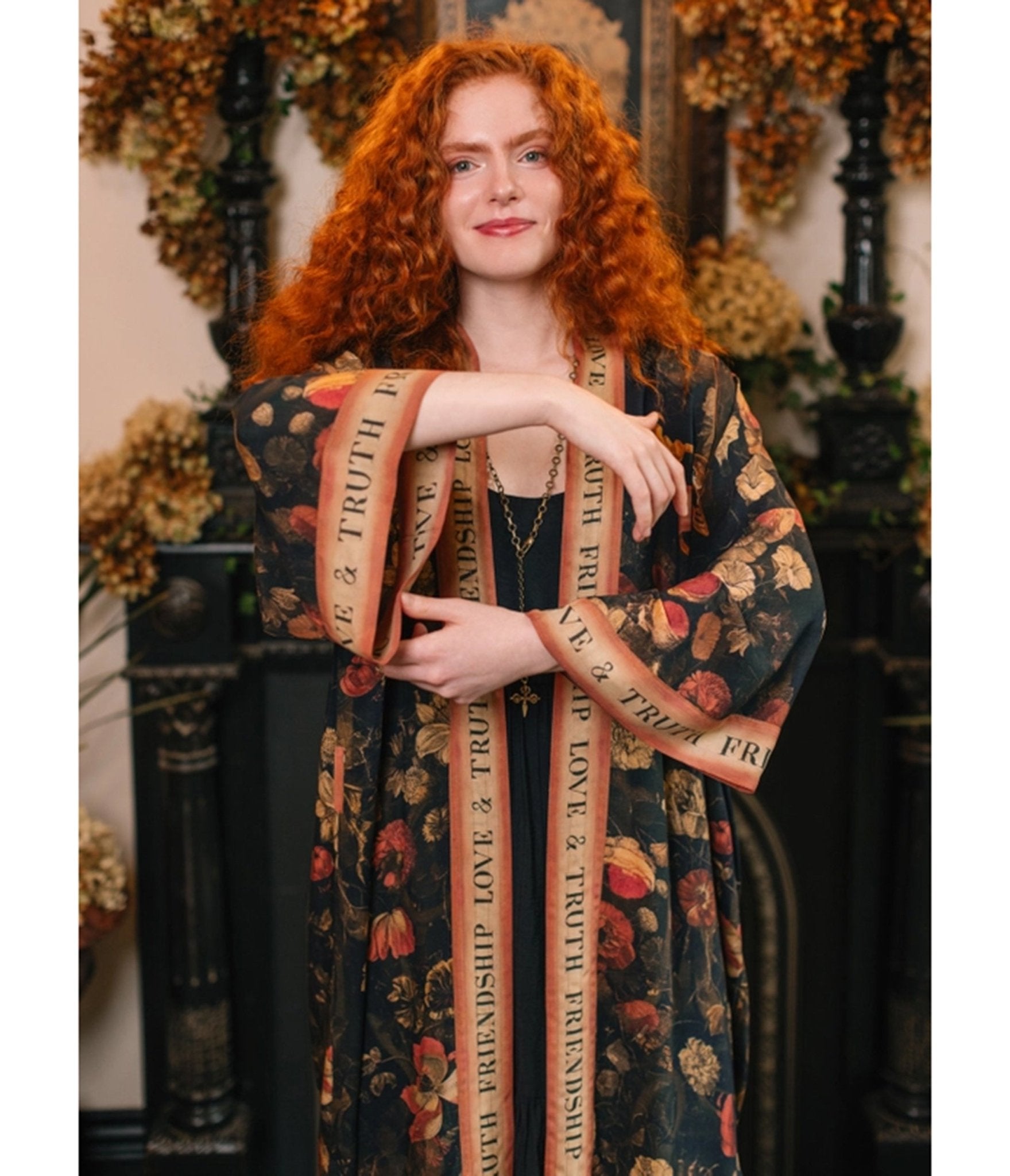 Black Sacred Heart Floral Print Kimono