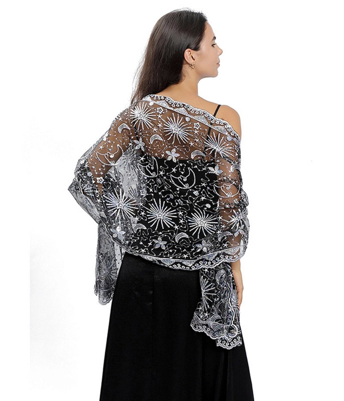 Black & Silver Stars & Moon Embroidered Shawl