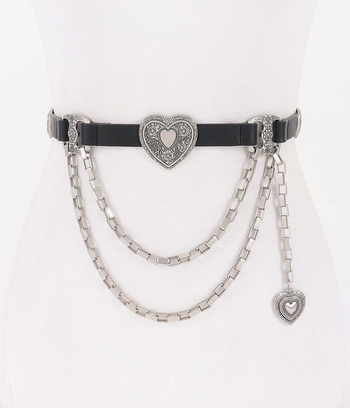 Black & Silver Tone Heart Faux Leather Belt