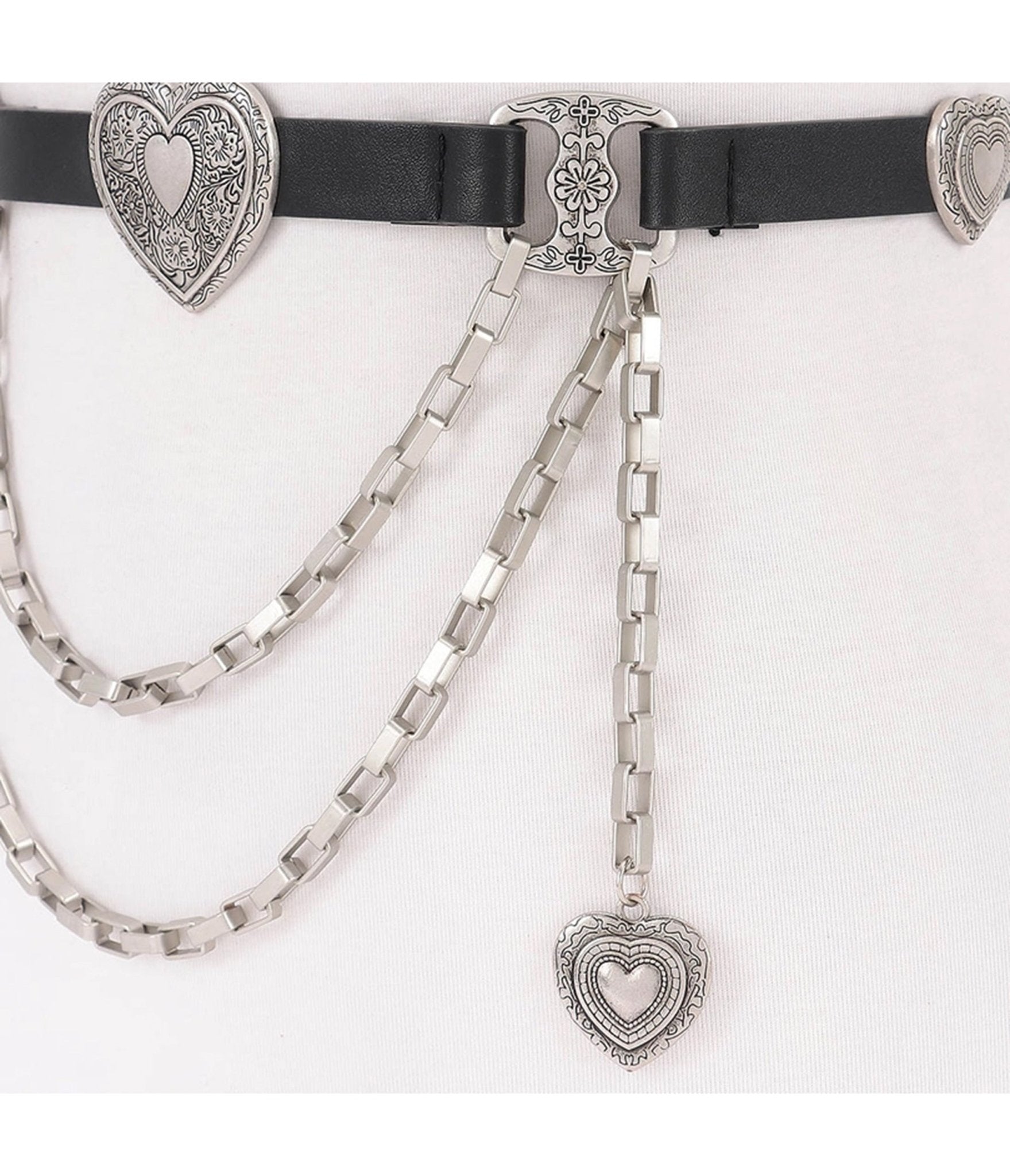 Black & Silver Tone Heart Faux Leather Belt