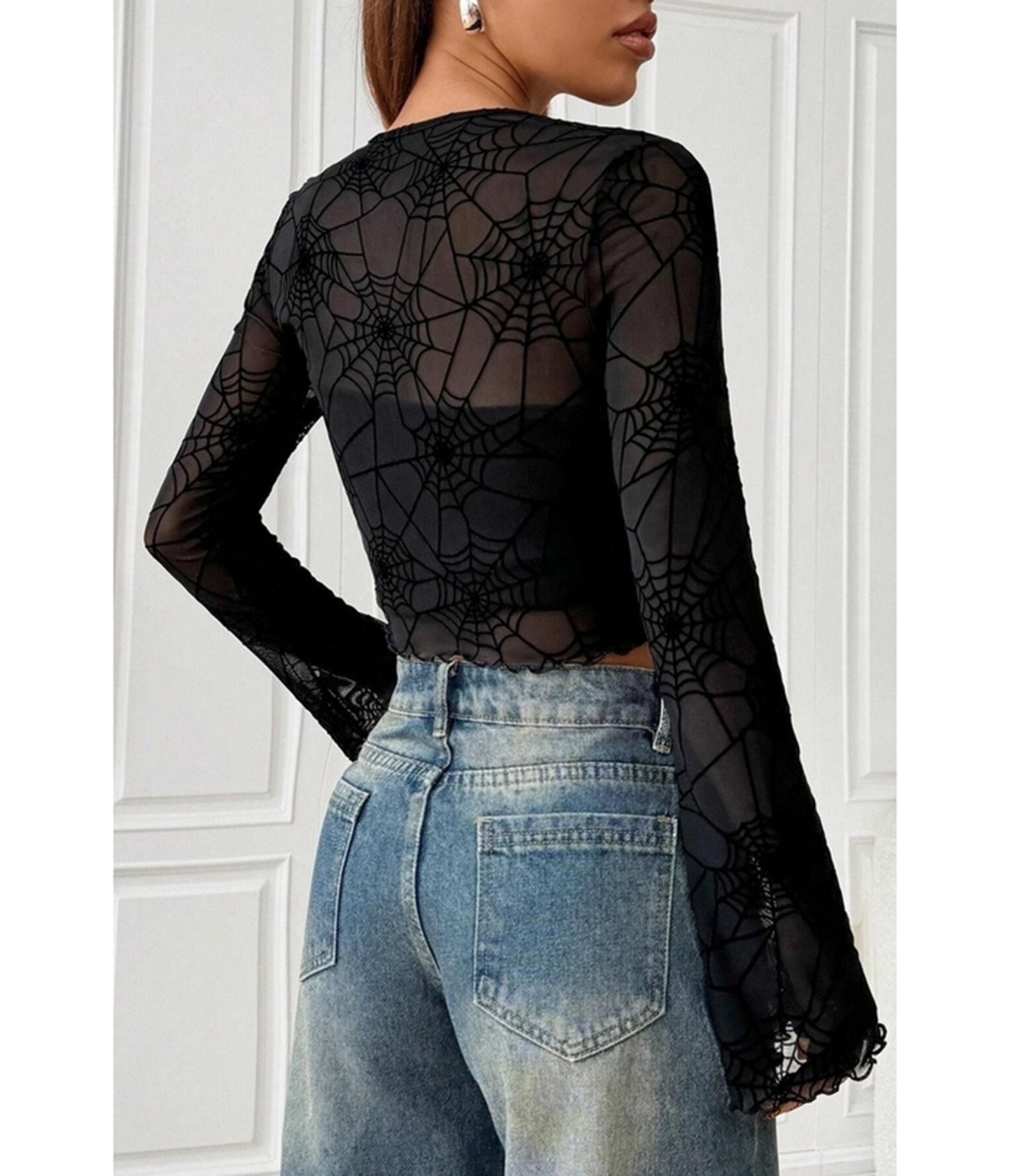 Black Spider Web Mesh Crop Top