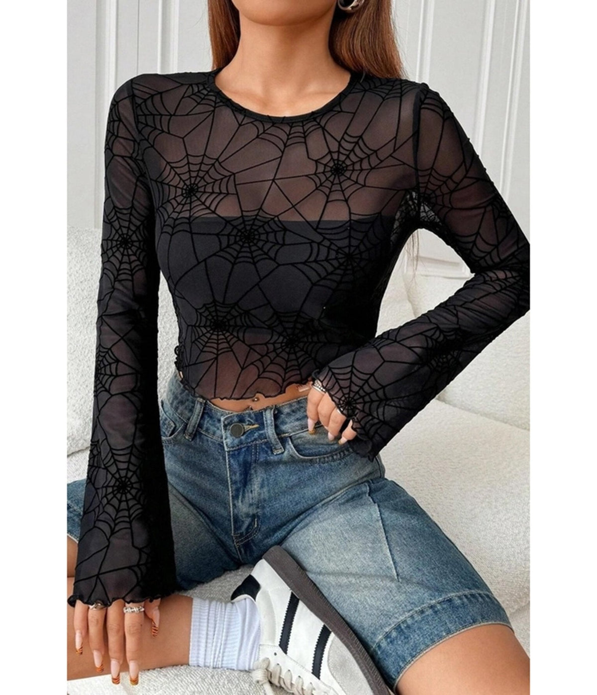 Black Spider Web Mesh Crop Top