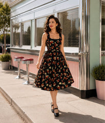 Black Strawberry & Polka Dot Print Ophelia Swing Dress
