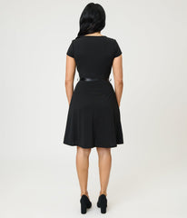 Black Swing Dress With Belt Trim