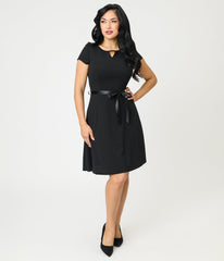 Black Swing Dress With Belt Trim