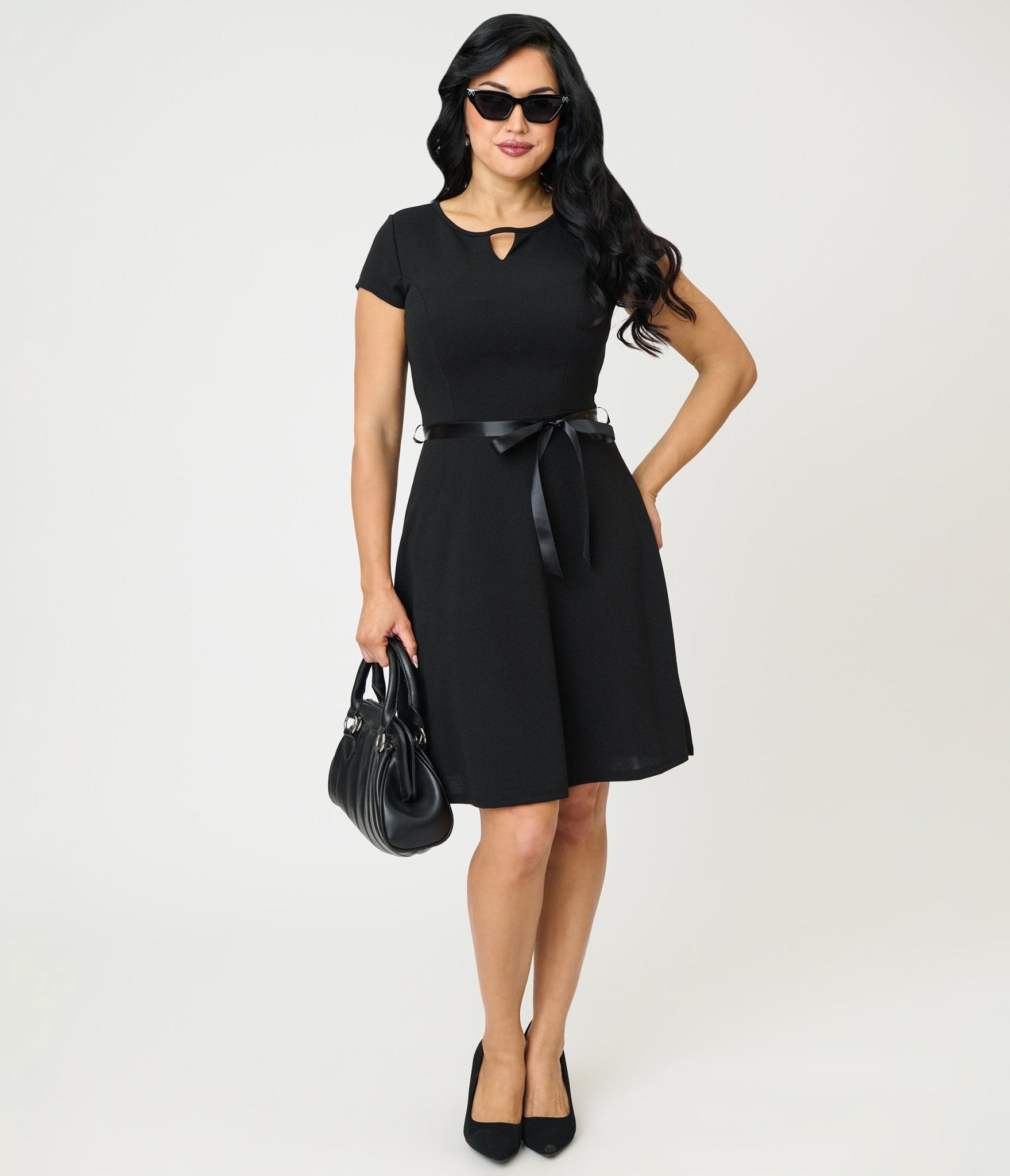 Black Swing Dress With Belt Trim
