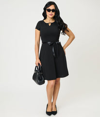 Black Swing Dress With Belt Trim