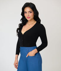 Black Three Quarter Sleeve Crop Cardigan
