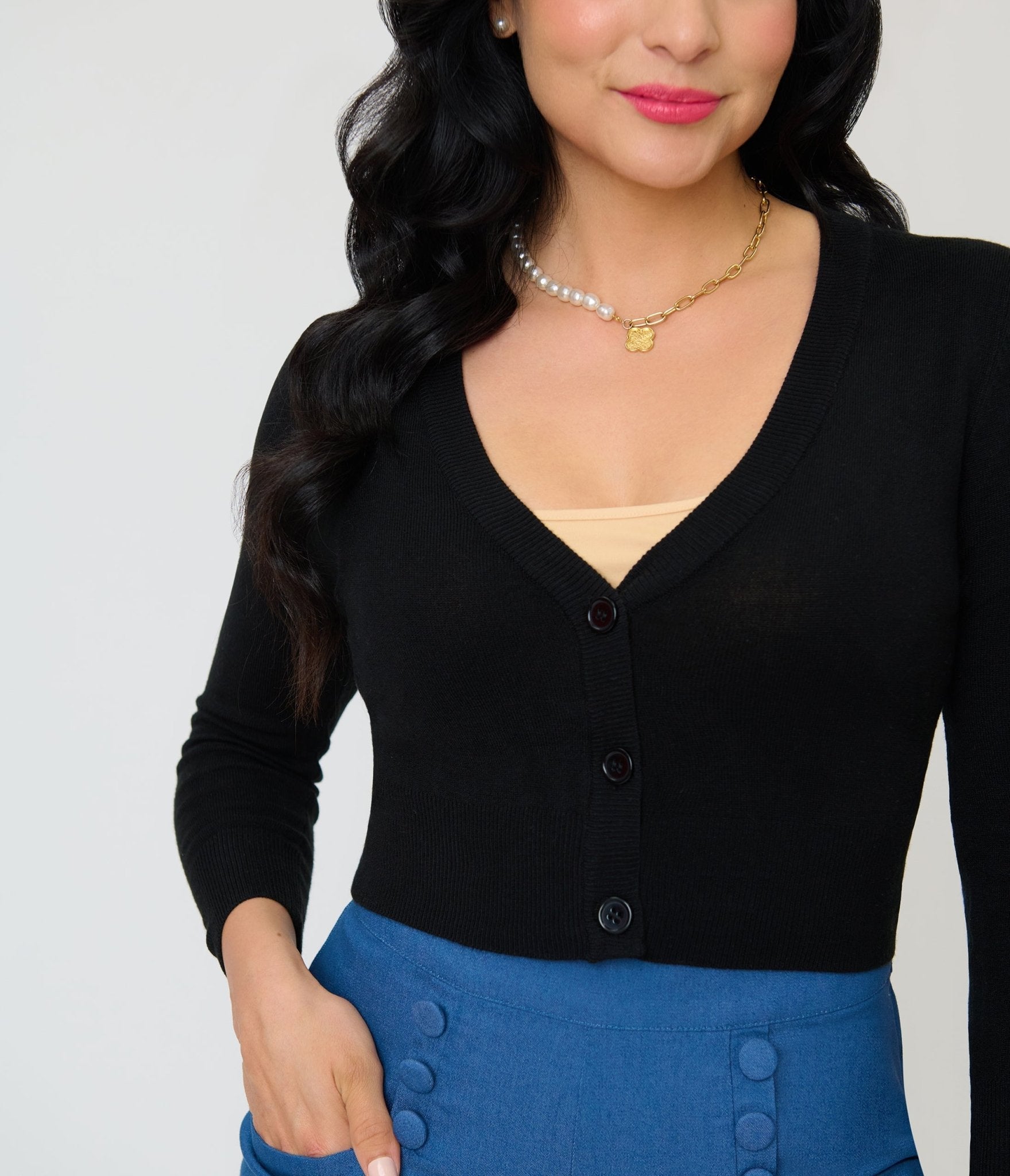 Black Three Quarter Sleeve Crop Cardigan