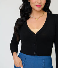 Black Three Quarter Sleeve Crop Cardigan