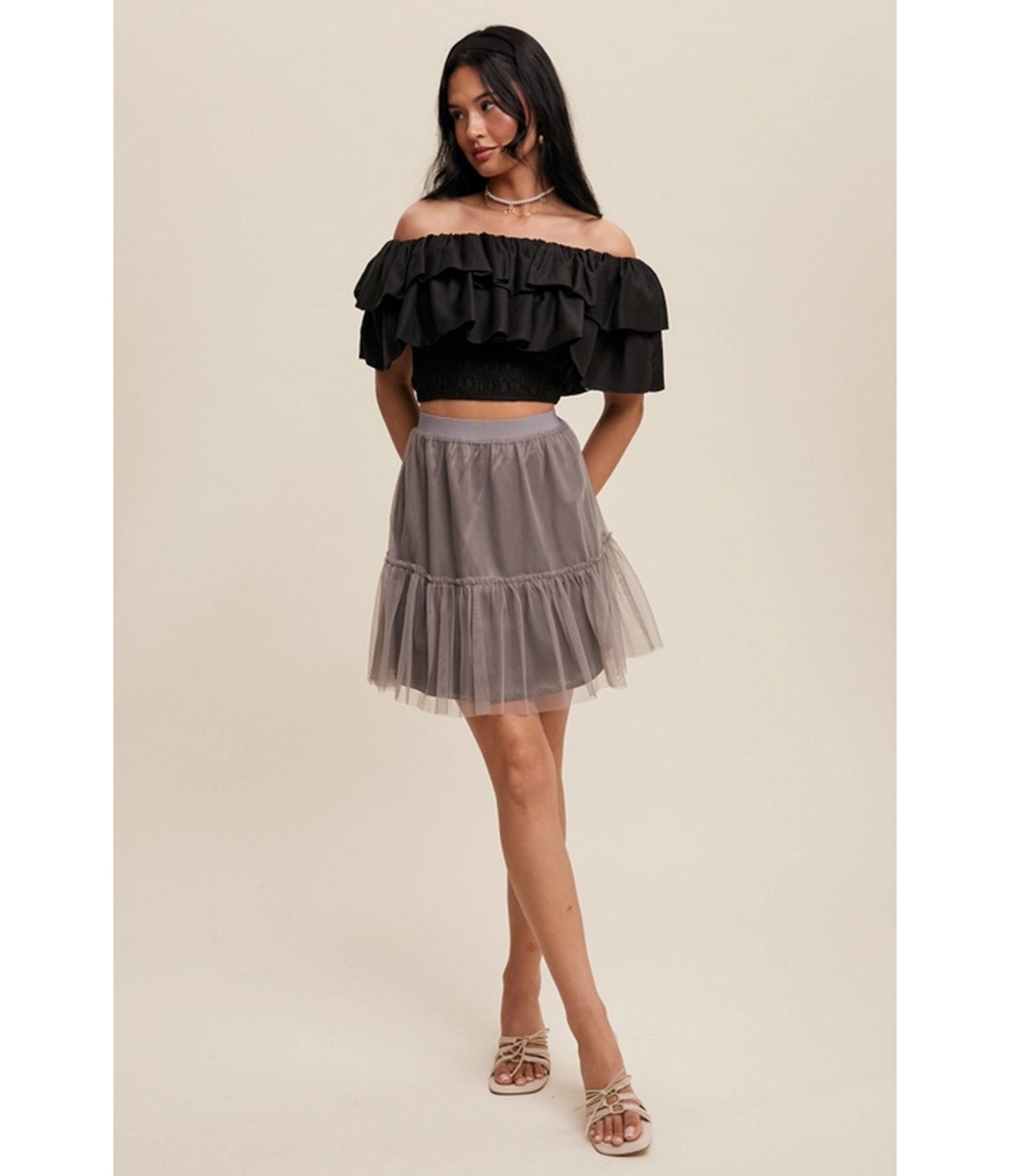 Black Tiered Ruffle Smocked Crop Top