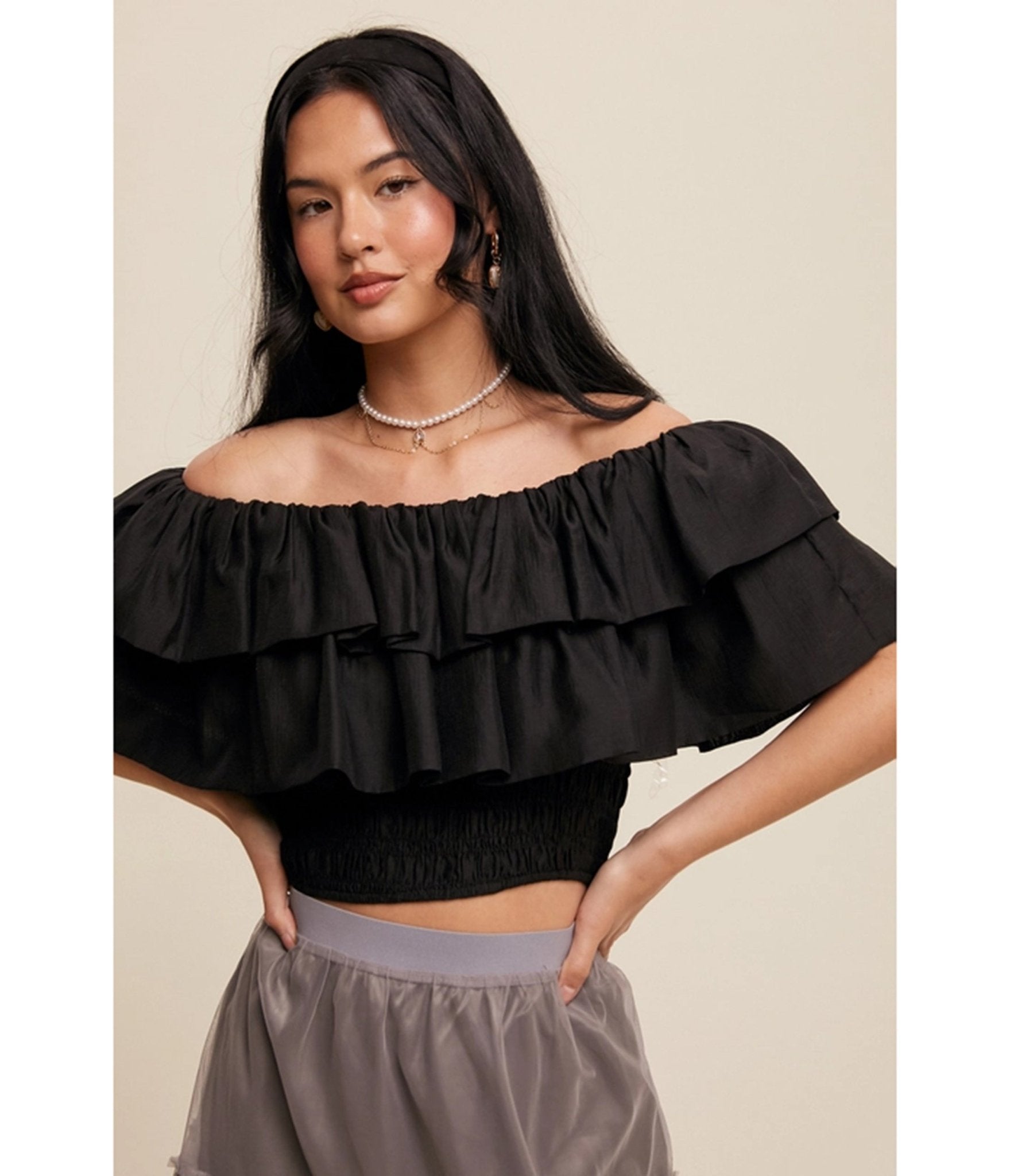 Black Tiered Ruffle Smocked Crop Top