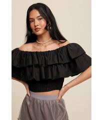 Black Tiered Ruffle Smocked Crop Top