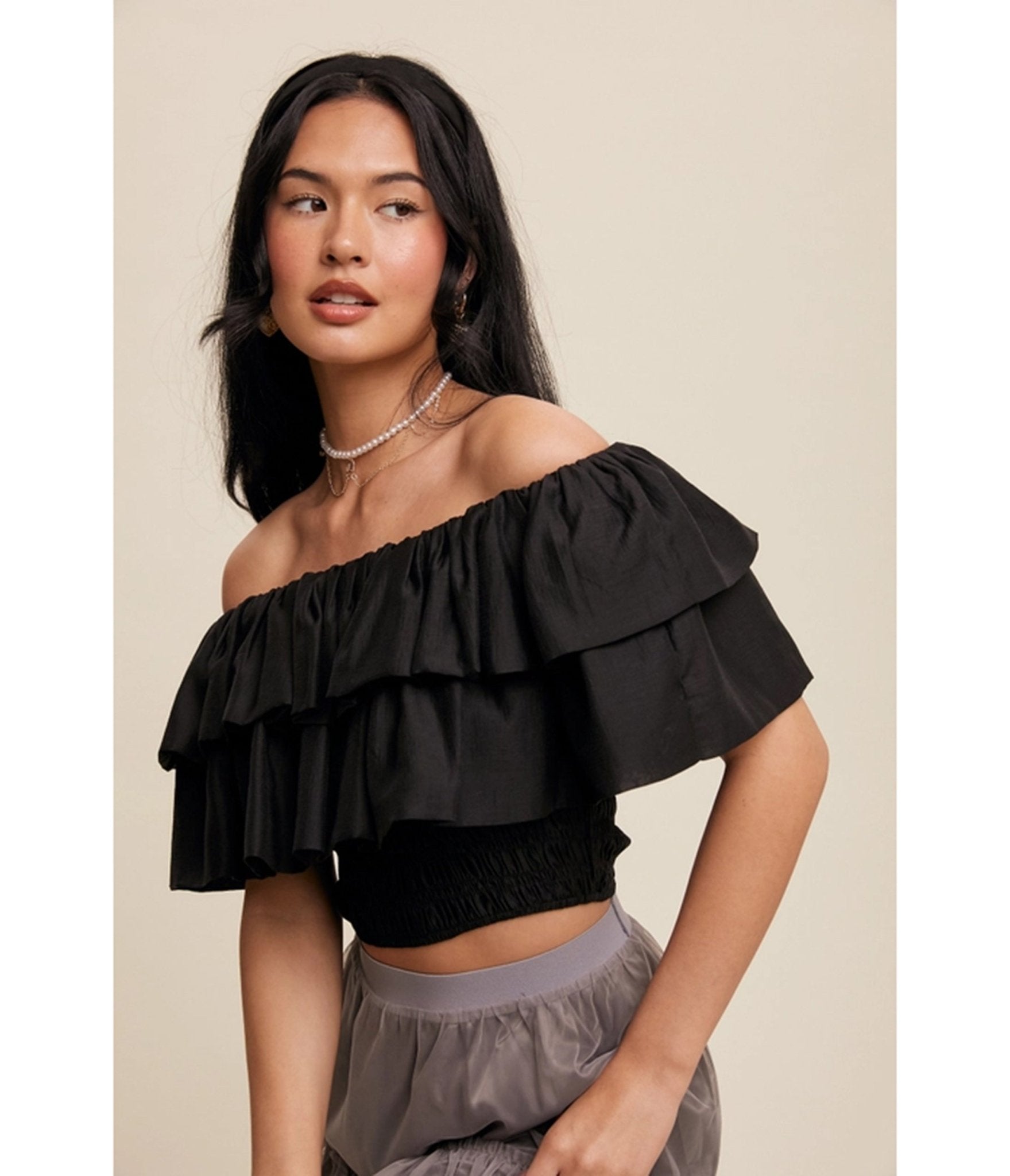 Black Tiered Ruffle Smocked Crop Top