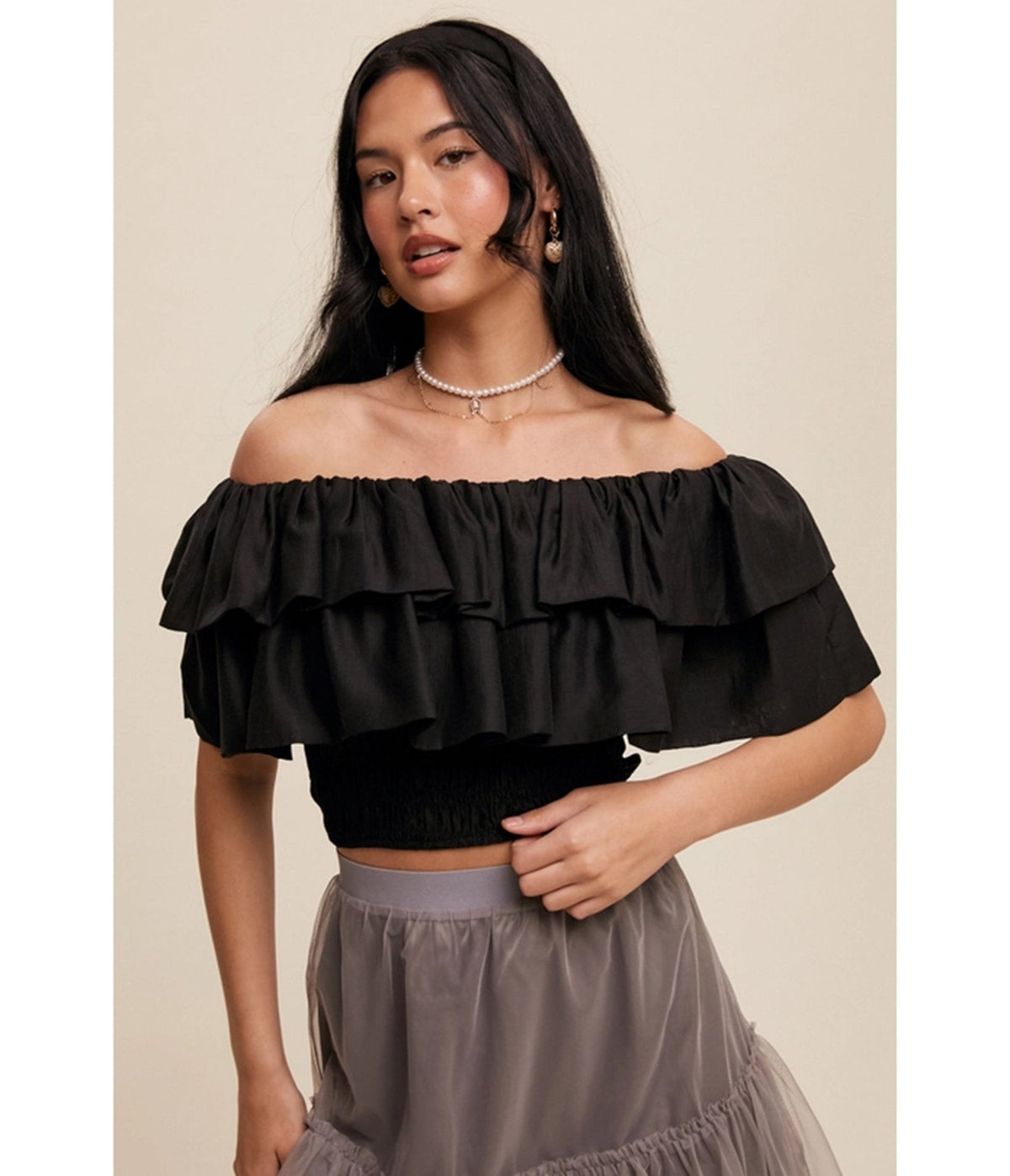 Black Tiered Ruffle Smocked Crop Top