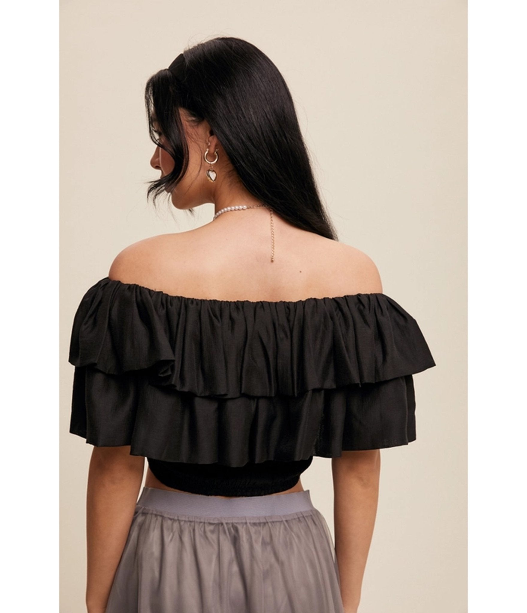 Black Tiered Ruffle Smocked Crop Top