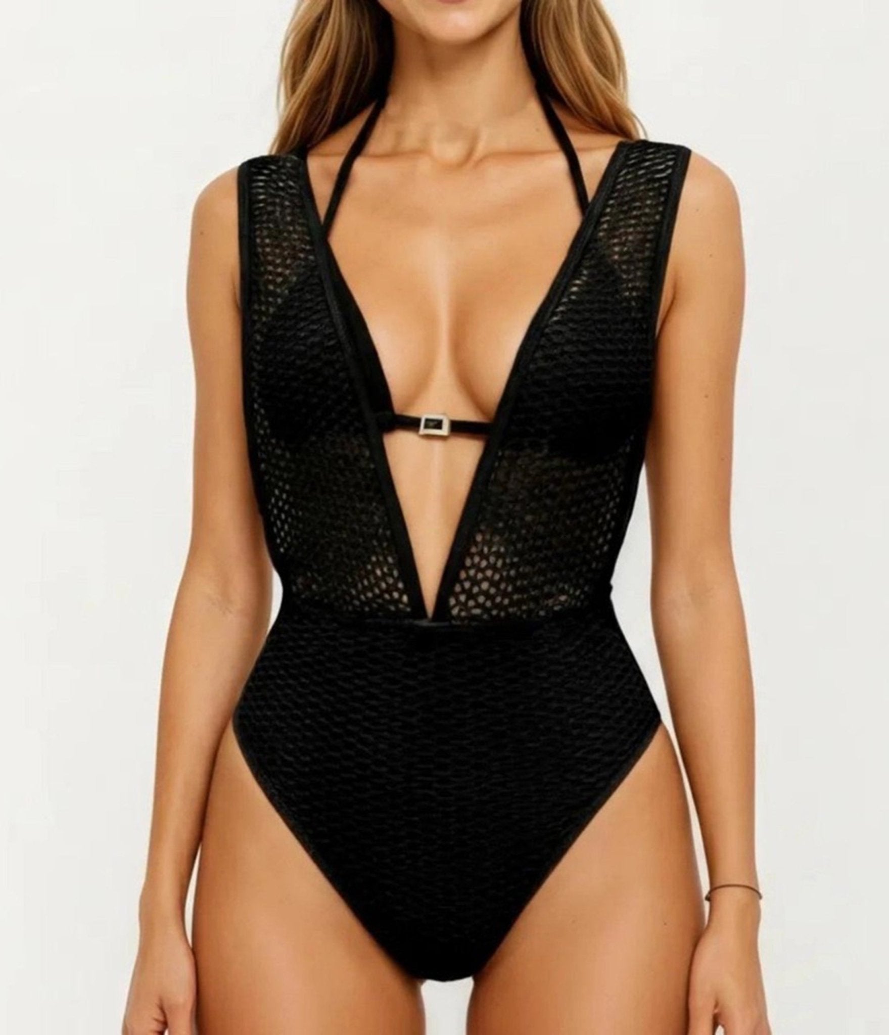 Black V Neck Illusion One Piece Swimsuit