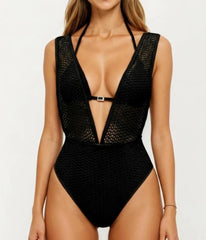 Black V Neck Illusion One Piece Swimsuit