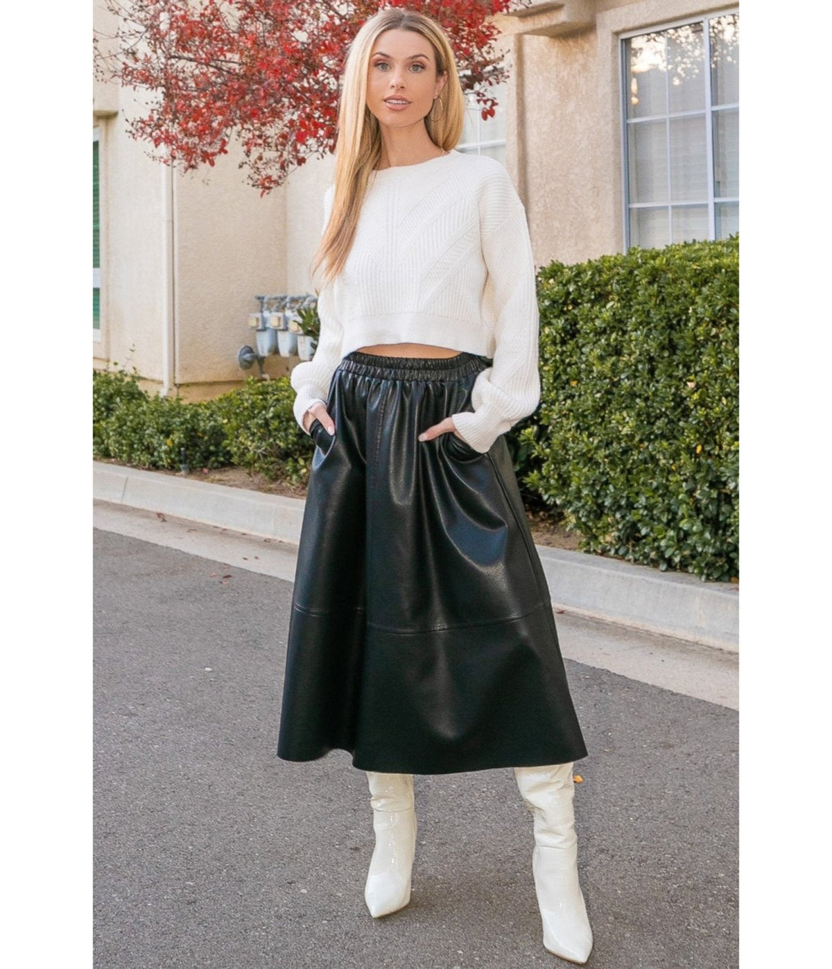 Black Vegan Leather Midi Skirt