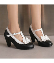 Black & White Bow T-Strap Heels