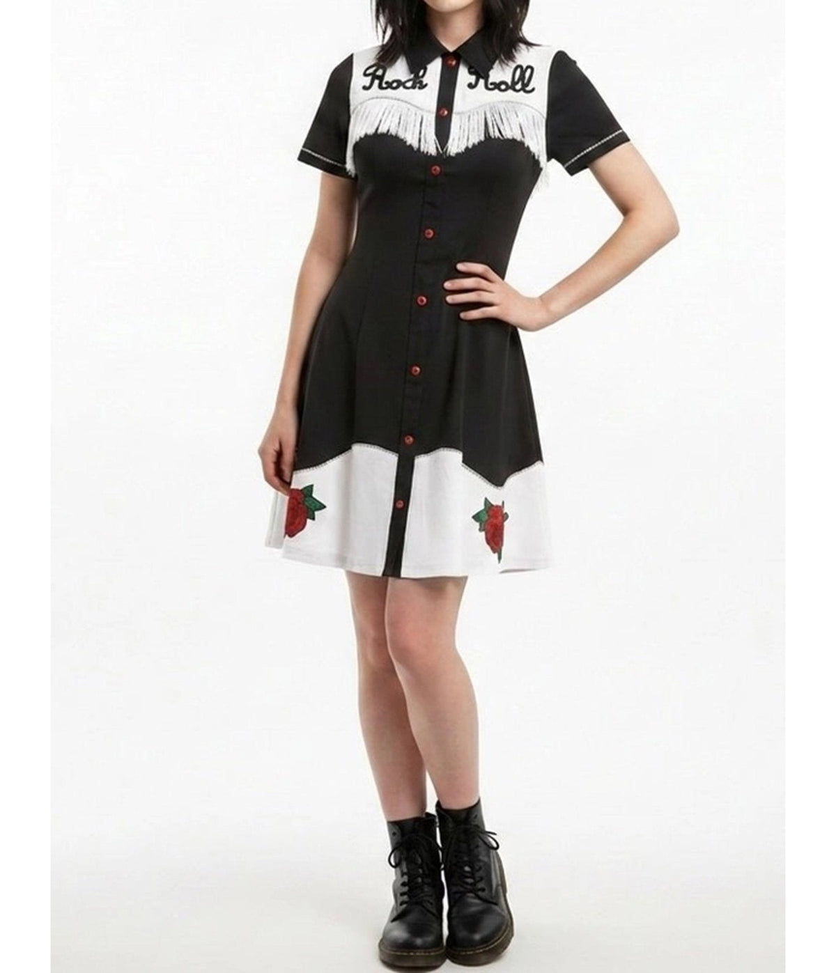Black & White Embroidered Fringe Shirt Dress