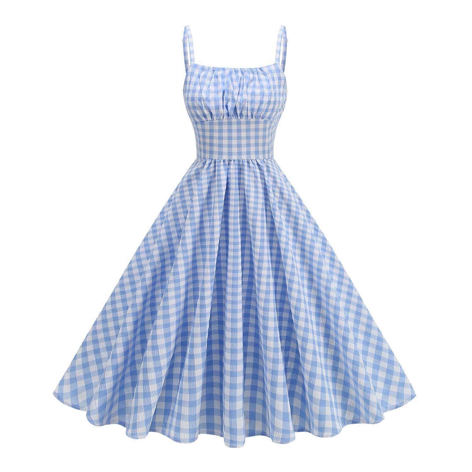 Blue Gingham Spaghetti Strap Swing Dress