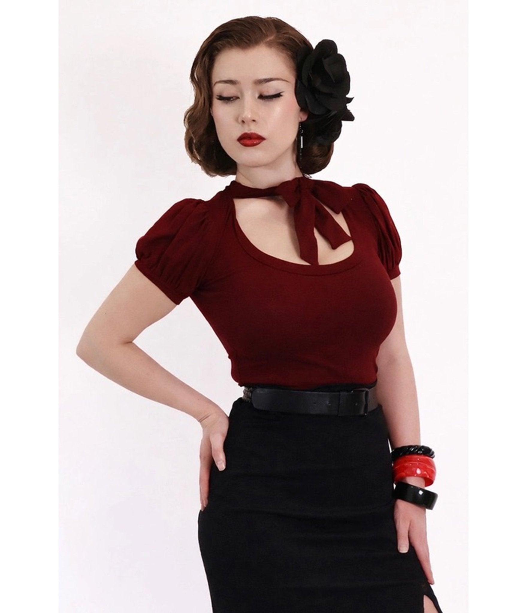 Bonsai Kitten Burgundy Collar Bow Top