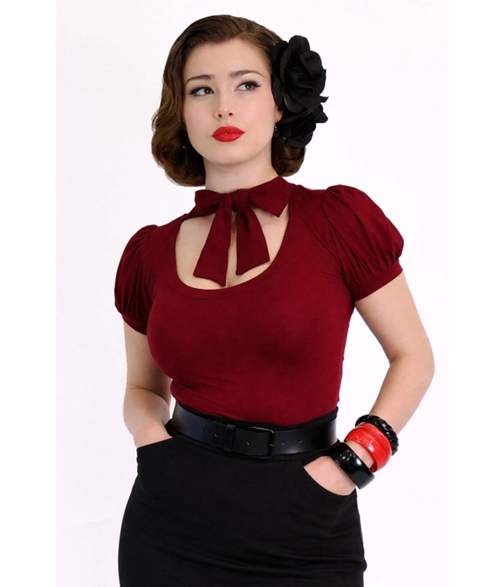 Bonsai Kitten Burgundy Collar Bow Top