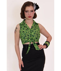 Bonsai Kitten Green Franken-Leopard Print Tie Crop Top