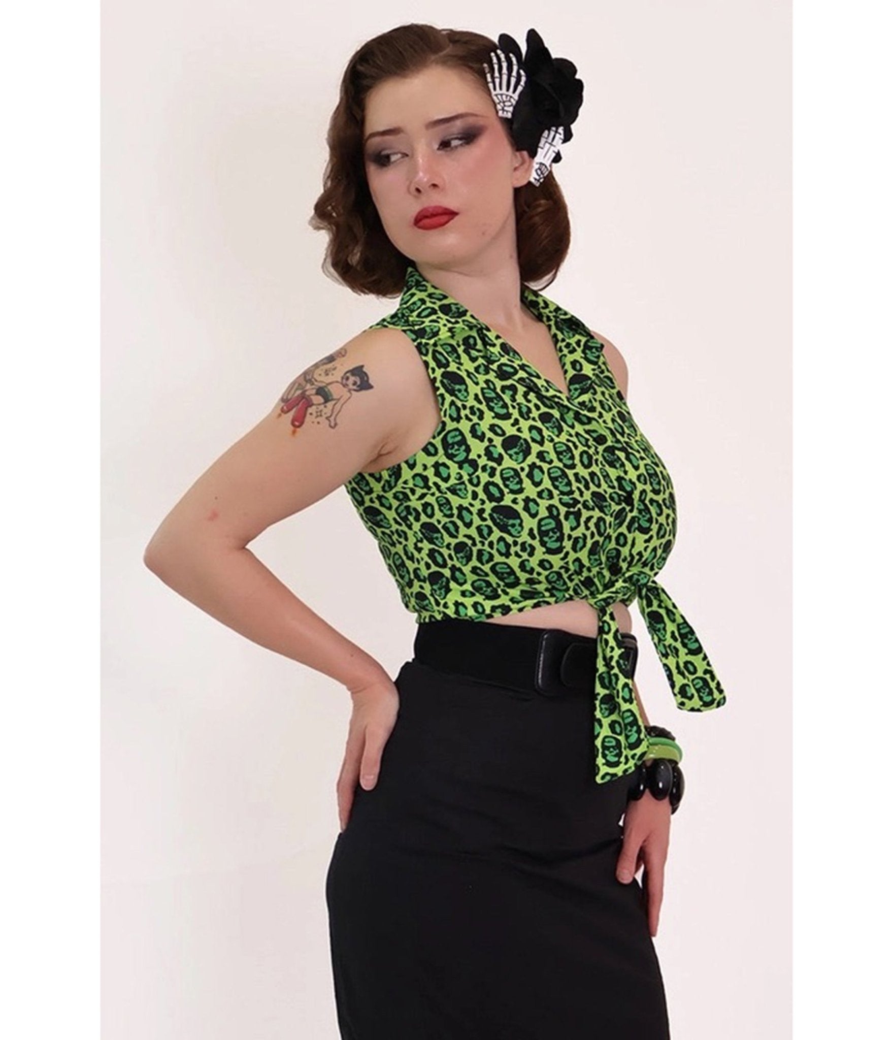 Bonsai Kitten Green Franken-Leopard Print Tie Crop Top