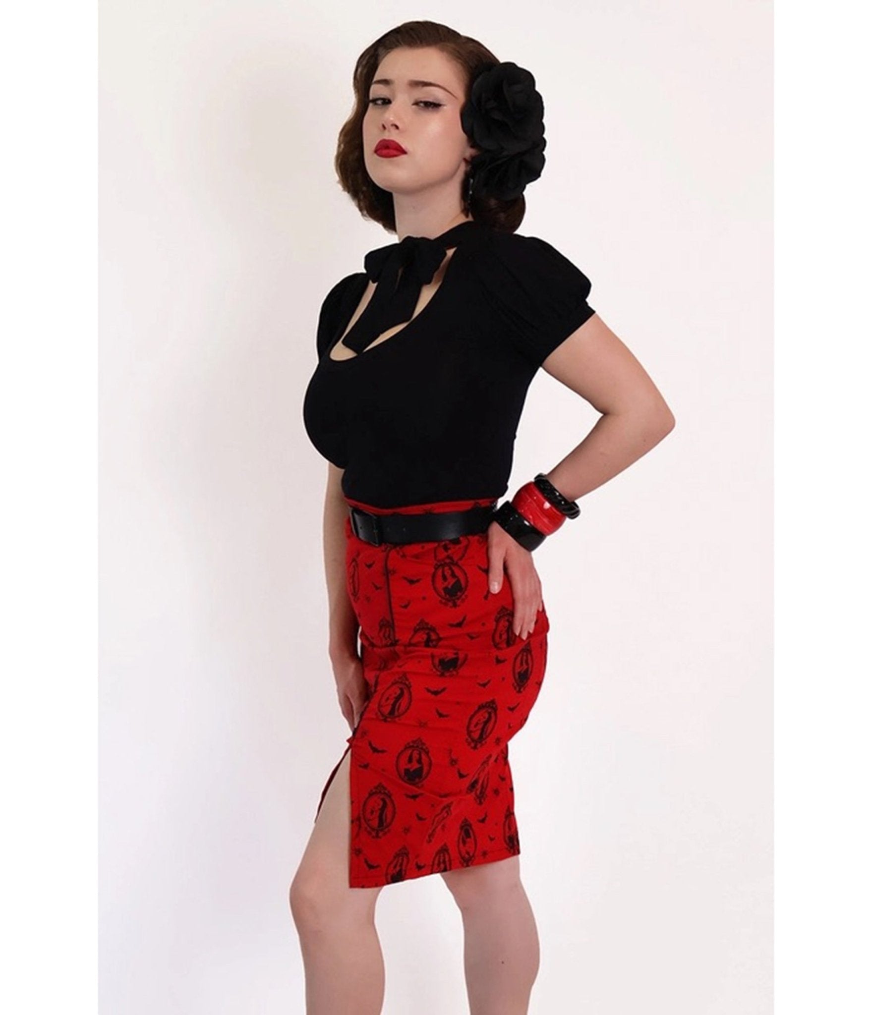 Bonsai Kitten Red Horror Queens Pencil Skirt