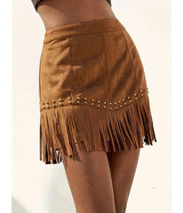 Brown Faux Suede Fringe Mini Skirt