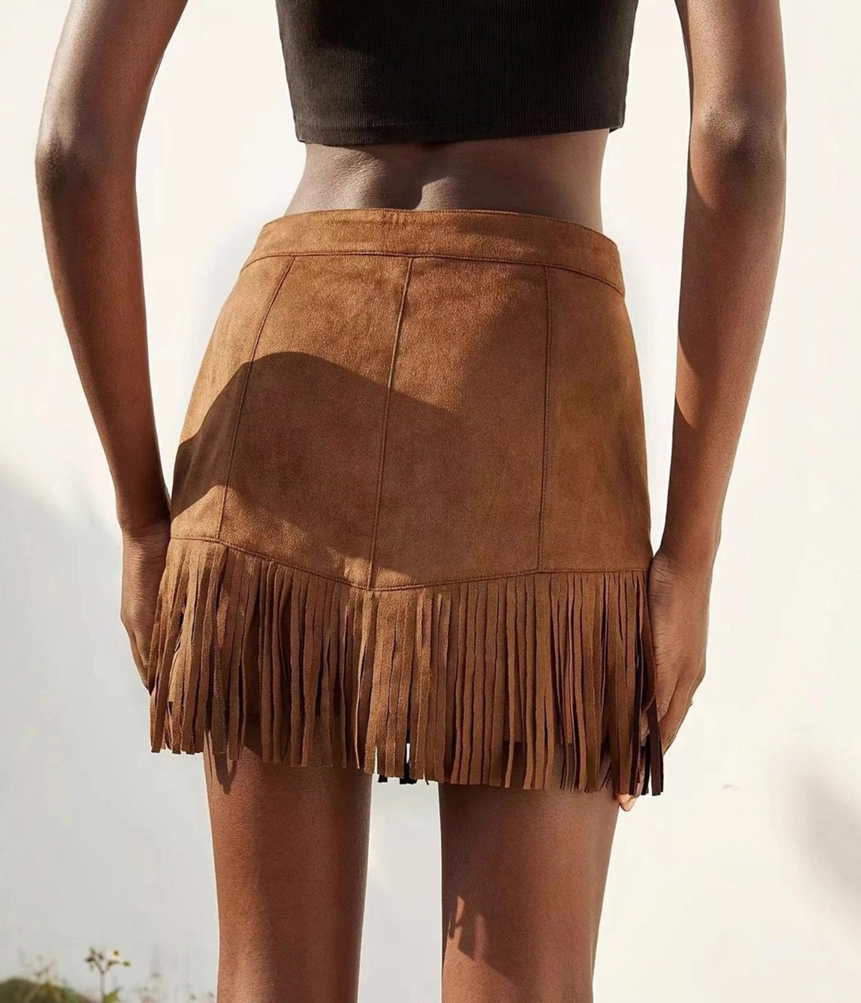 Brown Faux Suede Fringe Mini Skirt