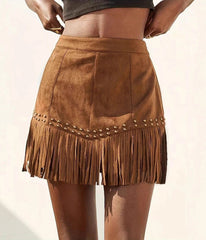 Brown Faux Suede Fringe Mini Skirt