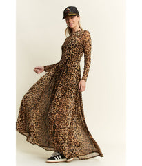 Brown Leopard Print Long Sleeve Maxi Dress