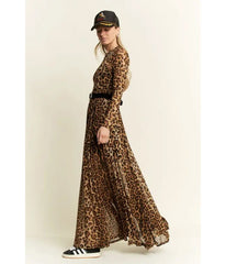Brown Leopard Print Long Sleeve Maxi Dress