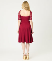 Burgundy Lace Sleeve Swing Dress