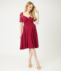 Burgundy Lace Sleeve Swing Dress