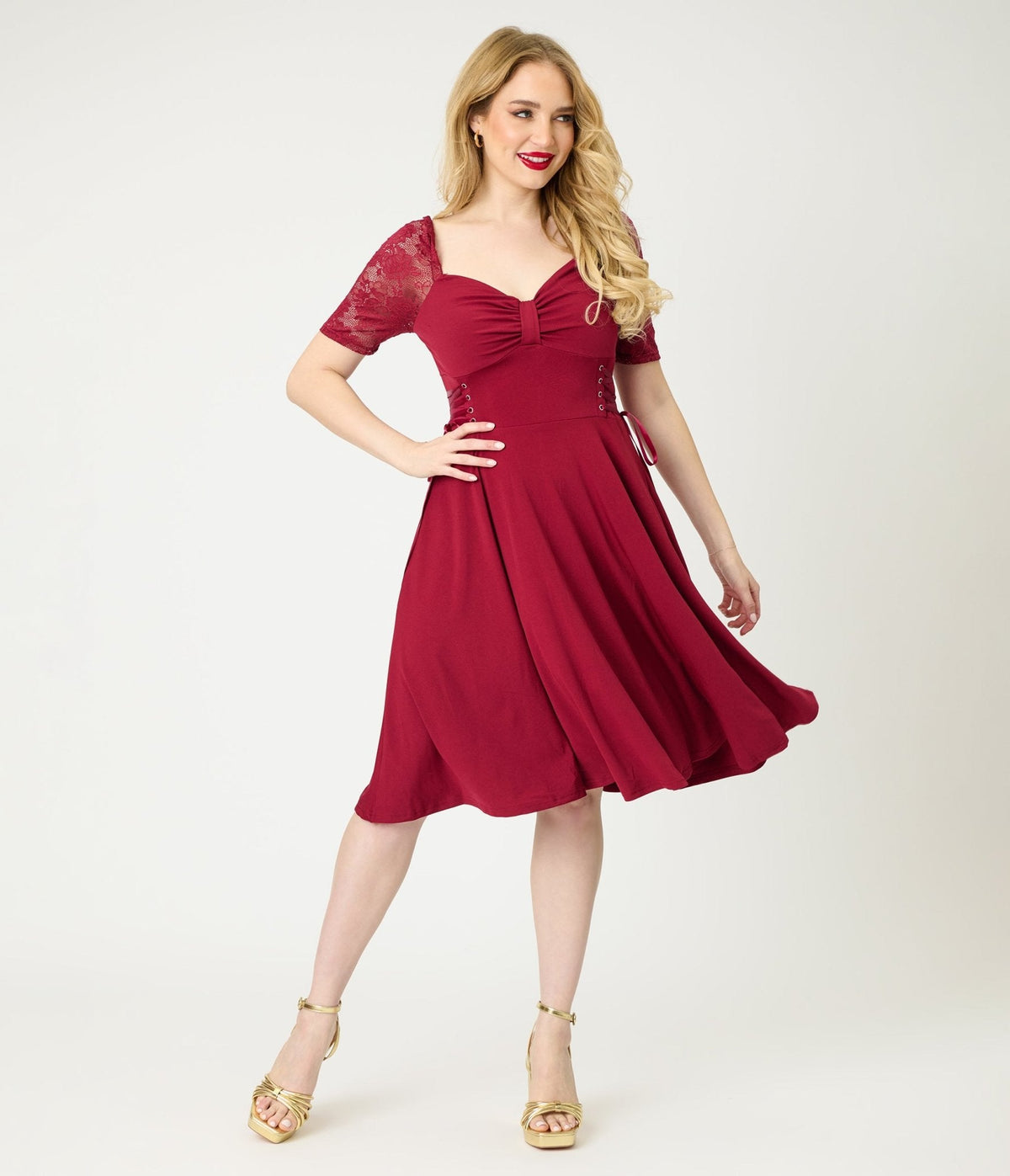 Burgundy Lace Sleeve Swing Dress