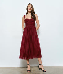 Burgundy Polka Dot Tulle Midi Dress