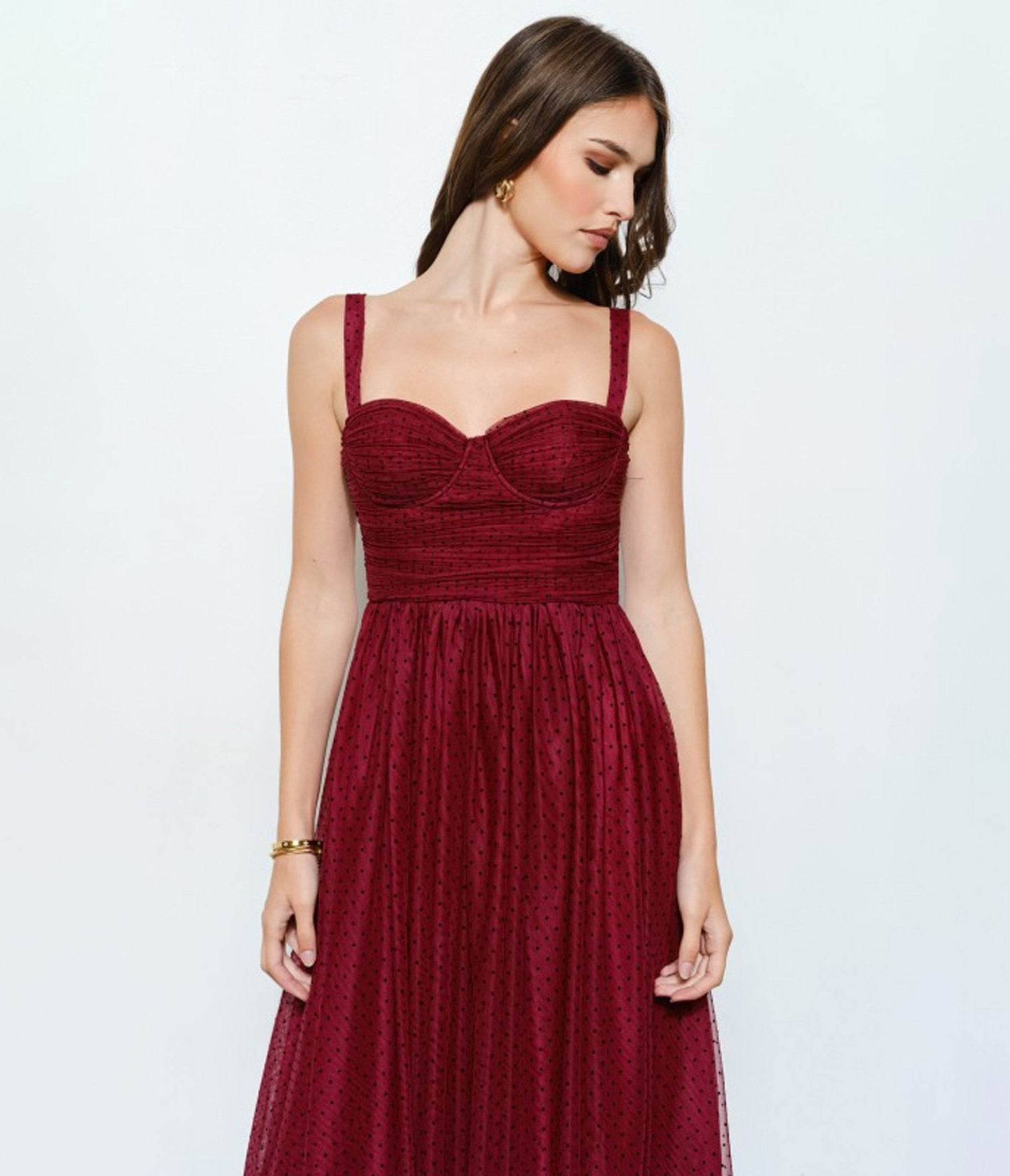 Burgundy Polka Dot Tulle Midi Dress