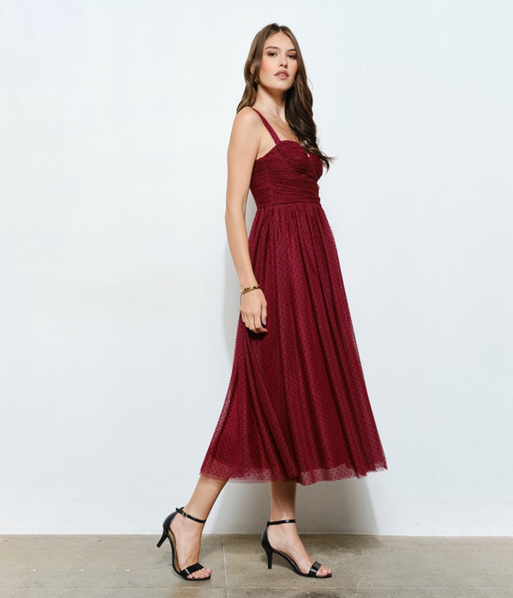 Burgundy Polka Dot Tulle Midi Dress