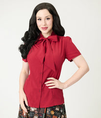 Burgundy Short Sleeve Bow Blouse