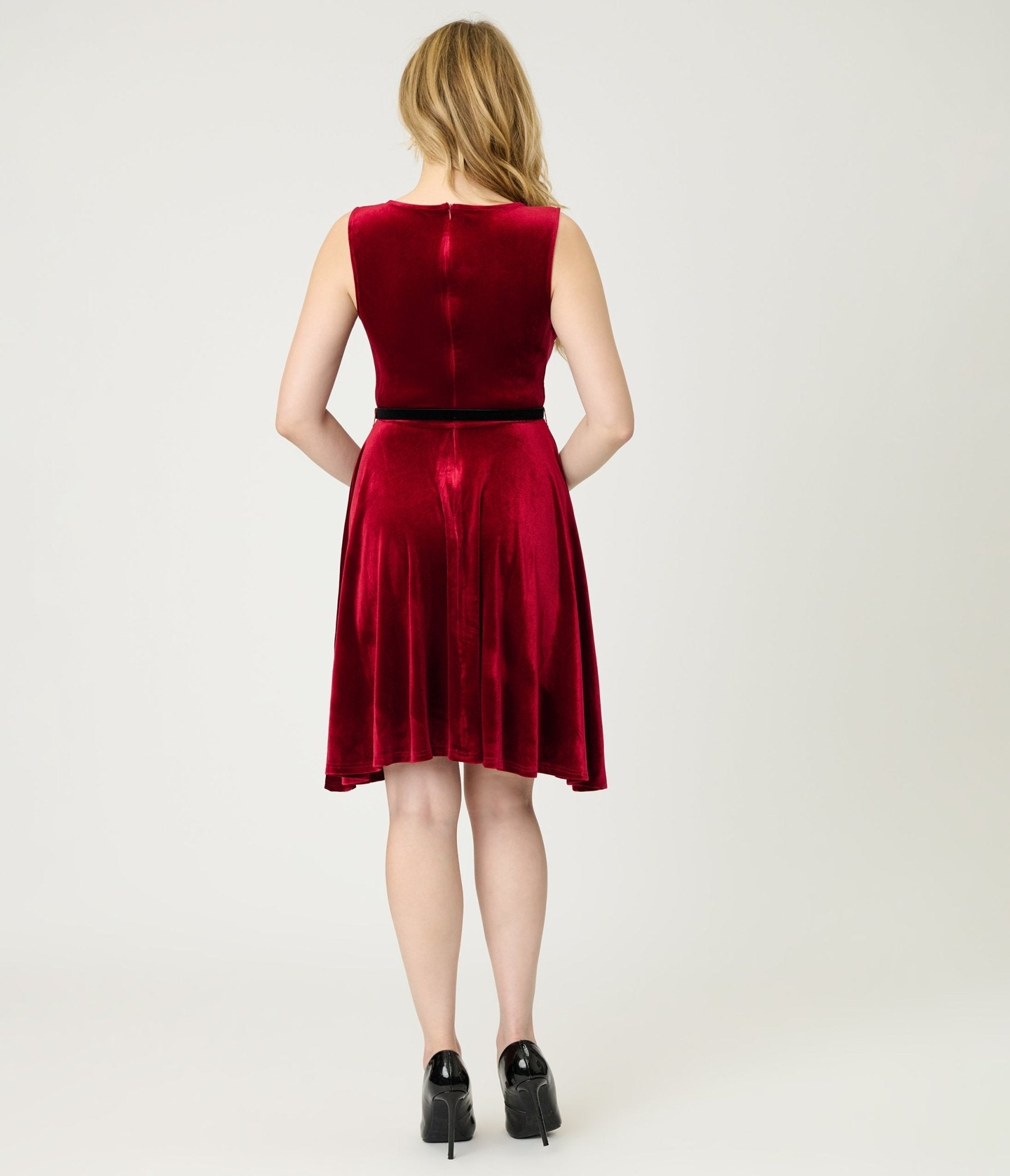Burgundy Velvet Belted Swing Dress