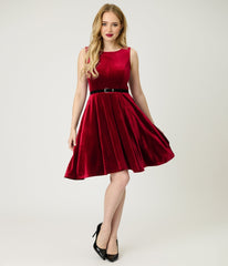 Burgundy Velvet Belted Swing Dress