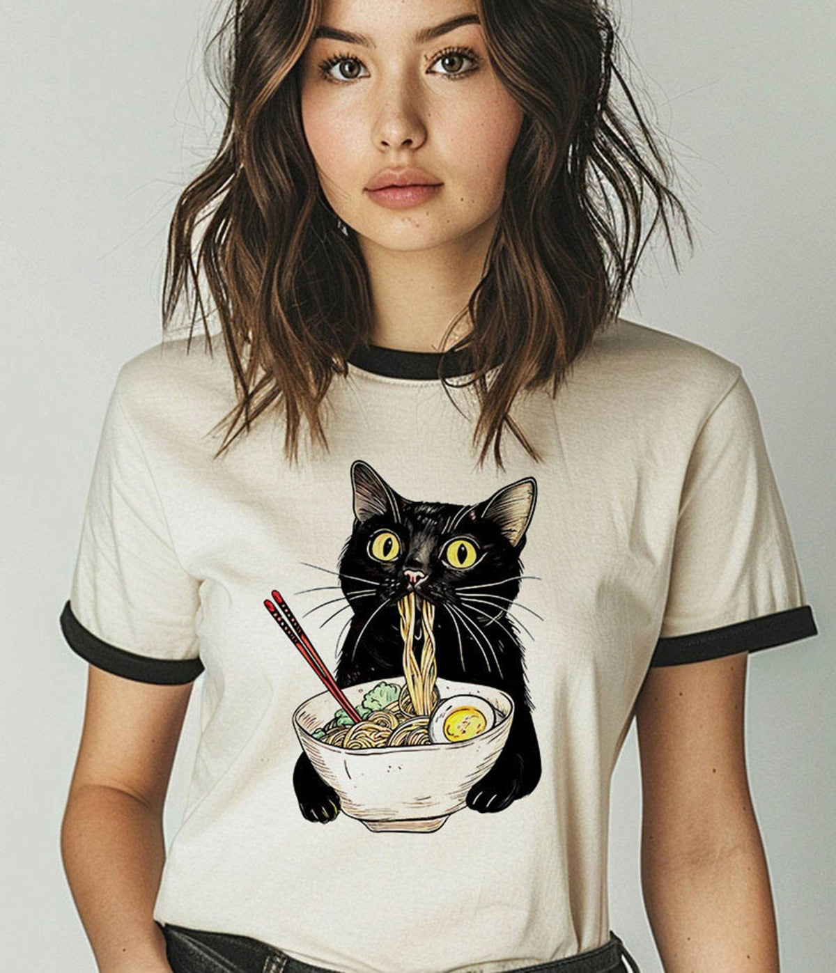 Cat Eating Ramen Unisex Ringer Graphic Tee