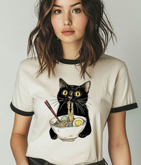 Cat Eating Ramen Unisex Ringer Graphic Tee