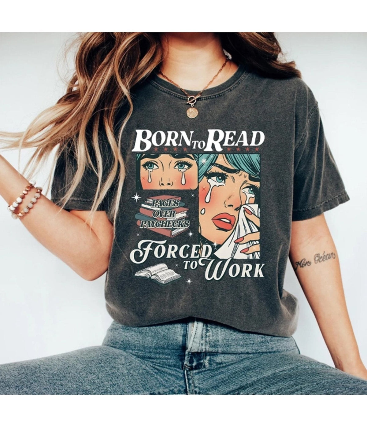 Charcoal Born to Read Comic Graphic Tee