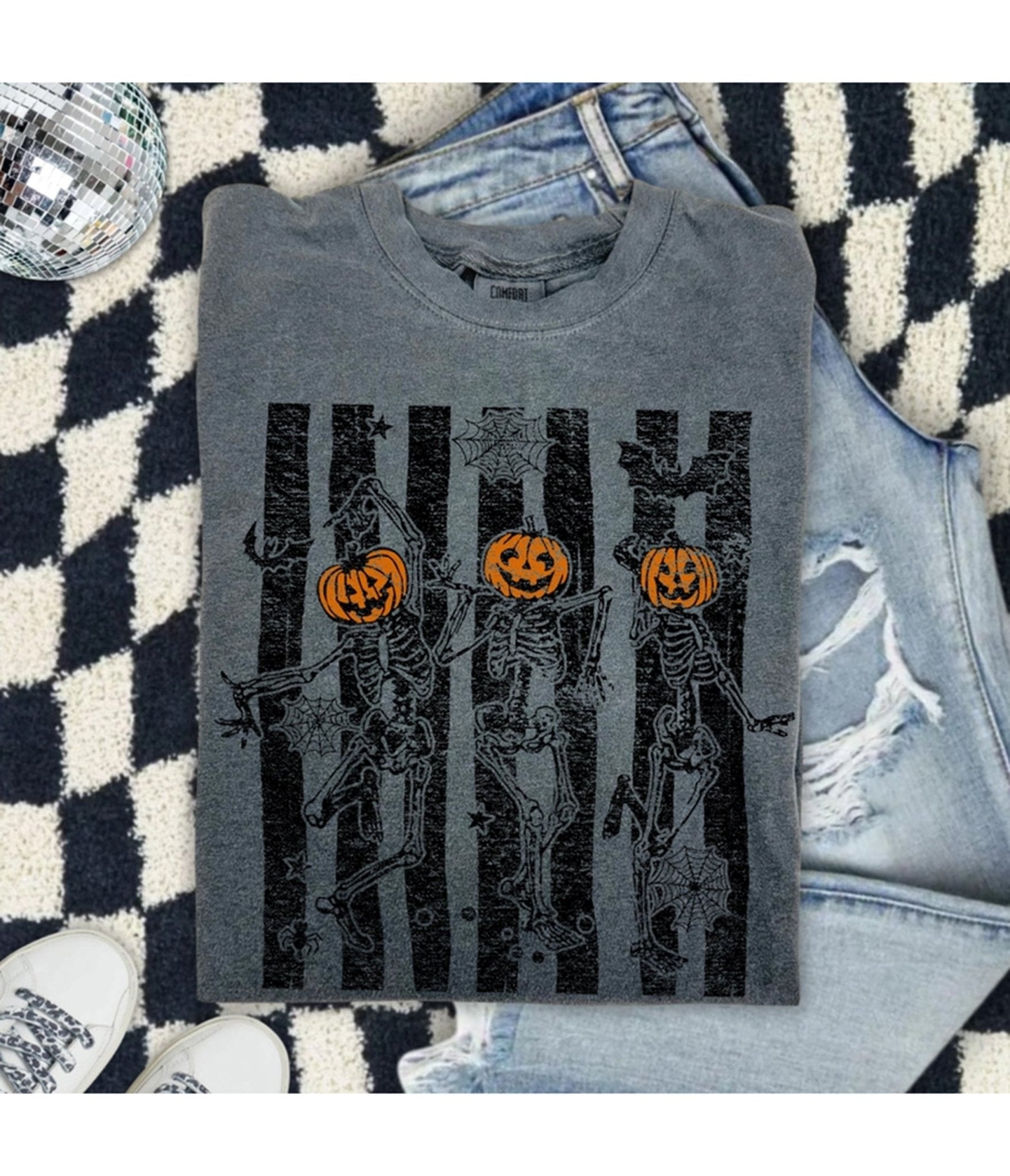 Charcoal Pumpkin Head Skeleton Graphic Sweatshirt
