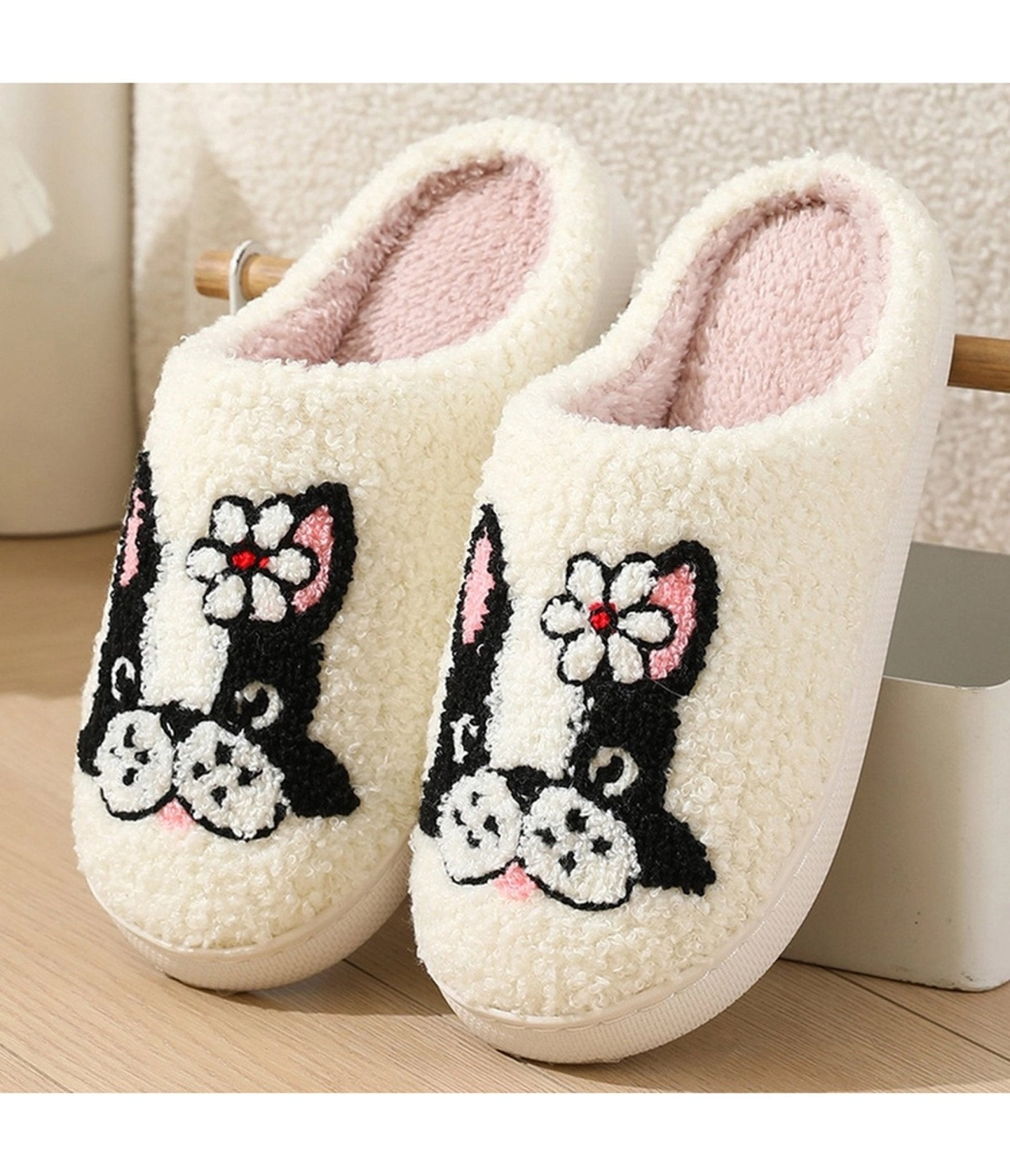 Dog & Flower Embroidered Cotton Slippers